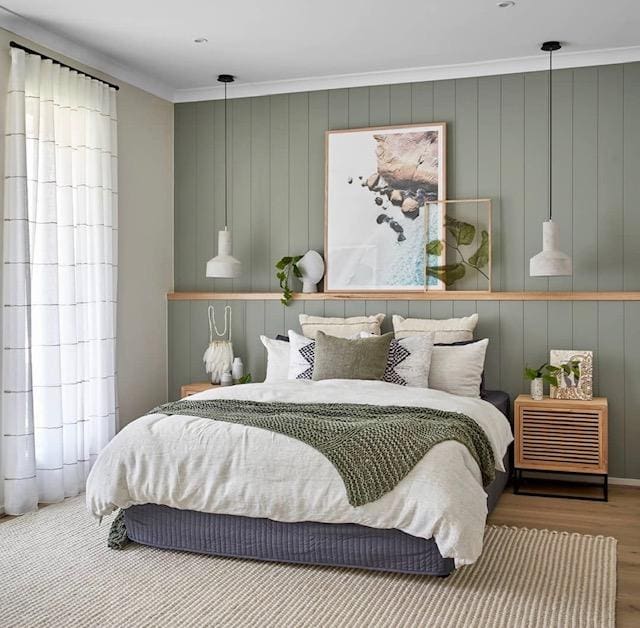 45 Elegant Sage Green Bedroom Ideas for a Soothing Ambiance 107 45 Elegant Sage Green Bedroom Ideas for a Soothing Ambiance Floating Shelf Above The Bed